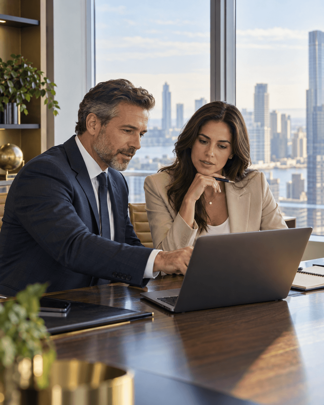 Brokerage professionals discussing work at a laptop