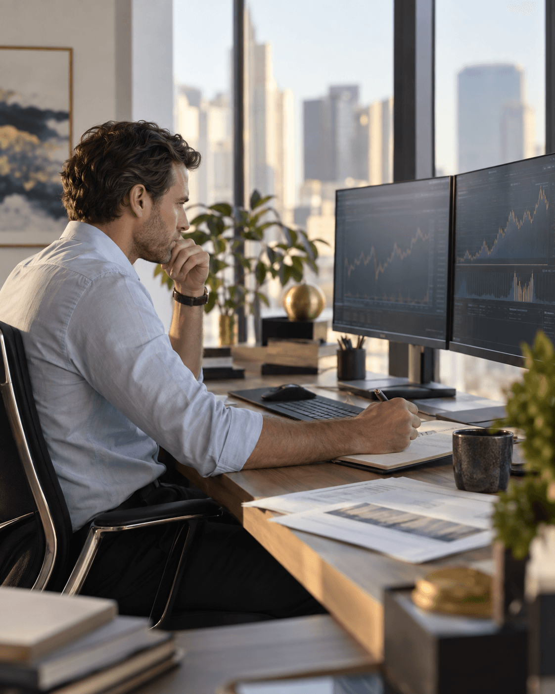 Investment analyst reviewing portfolio information at a workstation
