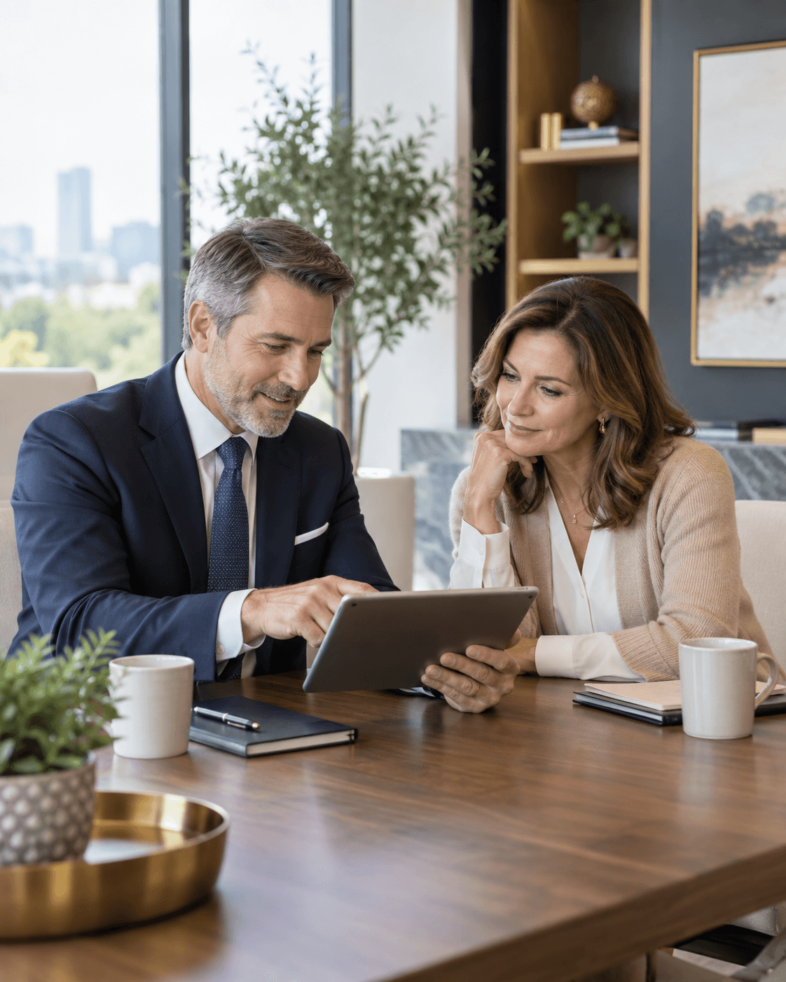 Wealth advisor and client reviewing a financial plan together