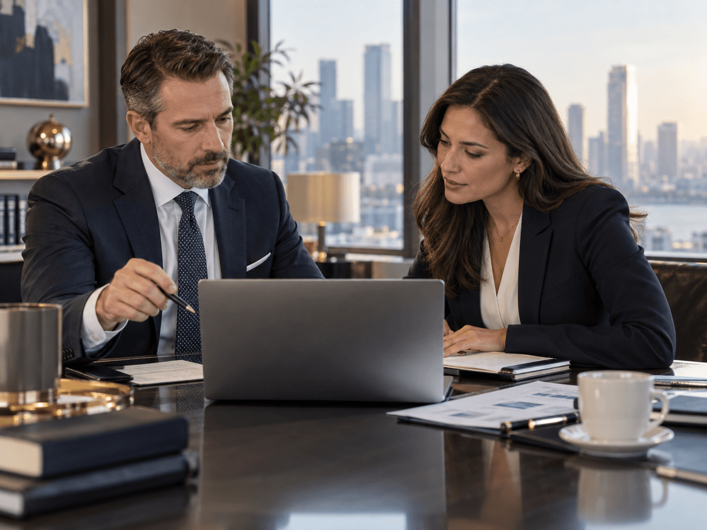 Finance professionals reviewing work together in an office