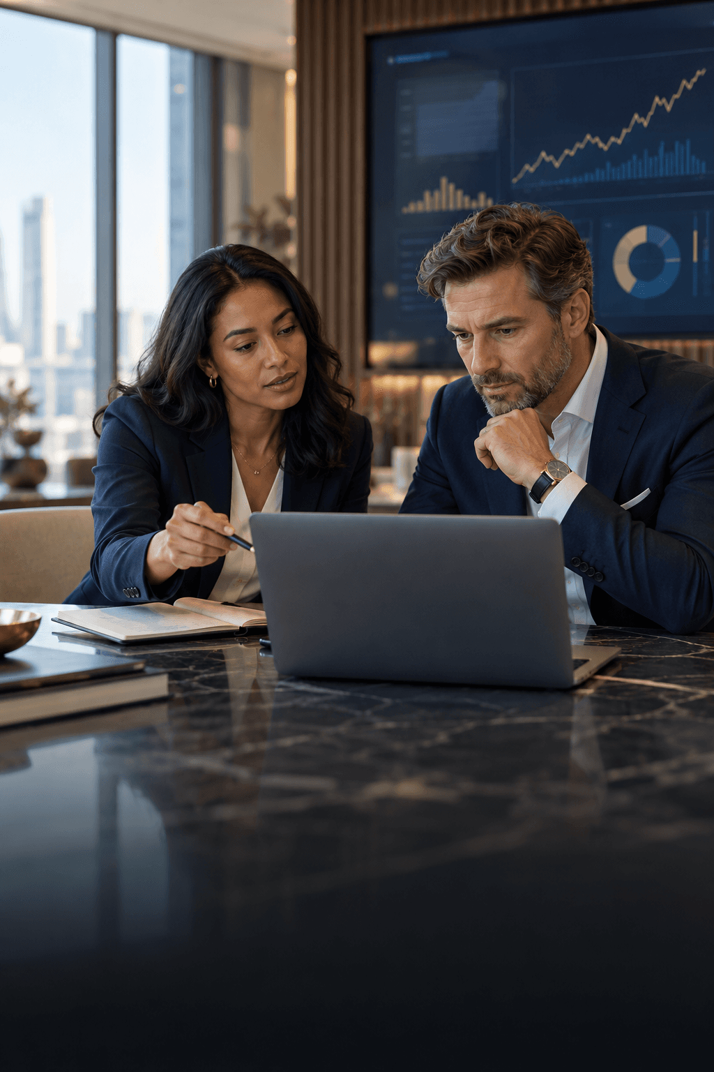 Wealth professionals reviewing investment information together