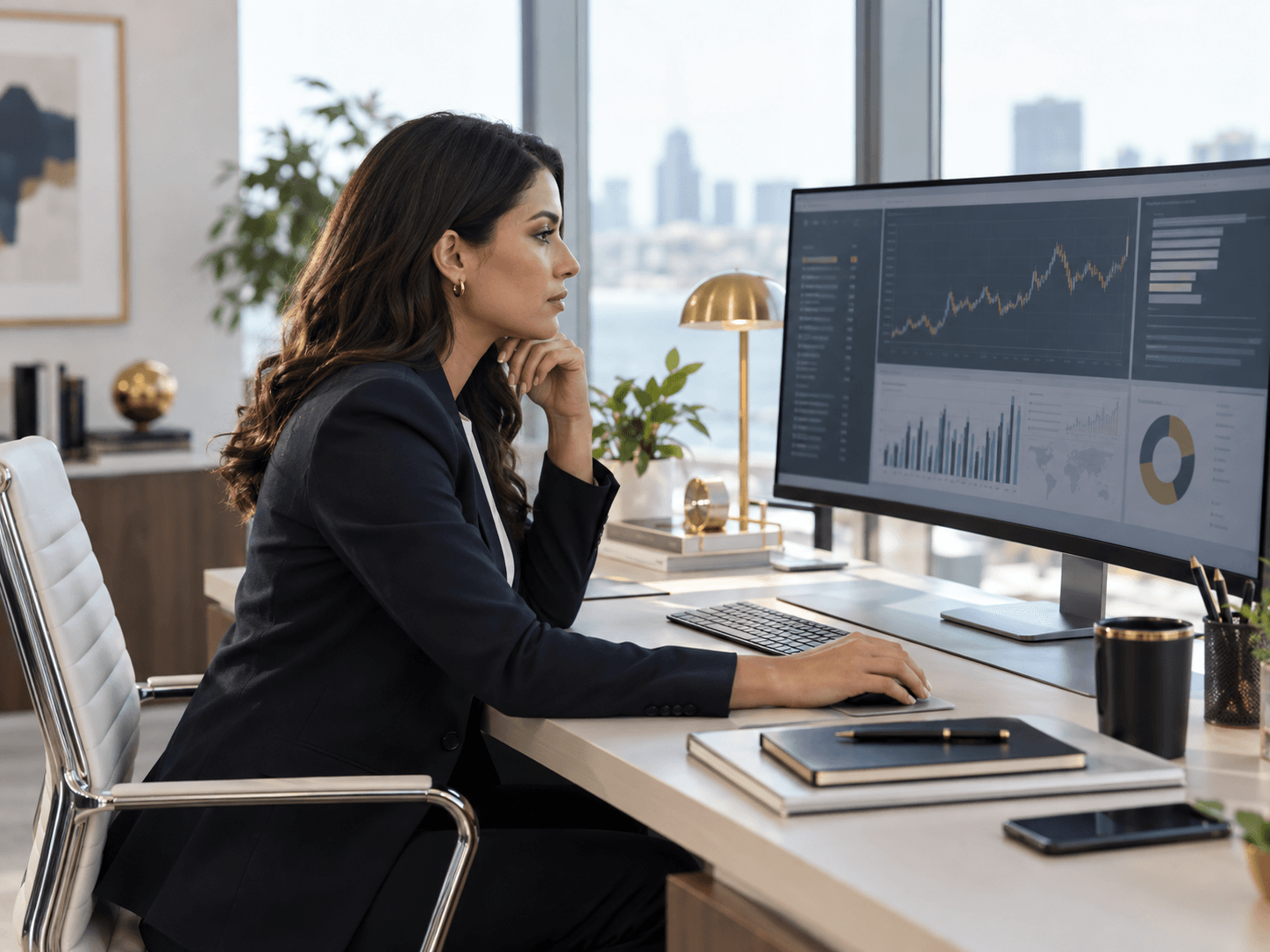Investment operations professional reviewing a report on a monitor