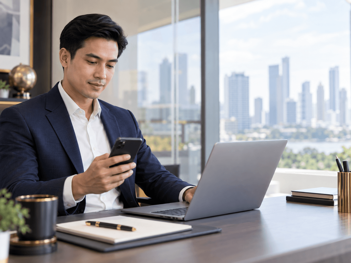 Investor using a laptop and phone in an office