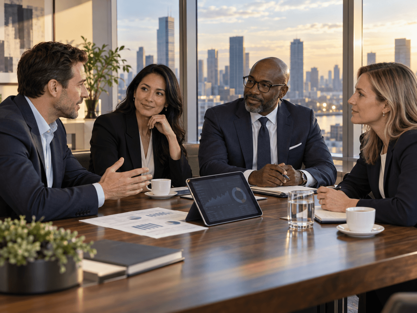 Wealth managers meeting in an office